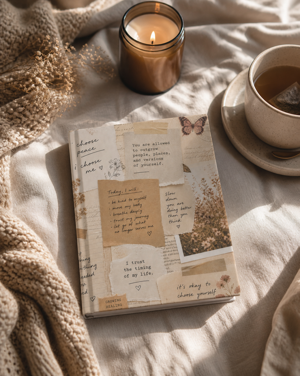 Beige Aesthetic Affirmation Journal – Self Care Notebook, Mental Health Journal, Healing & Growth Diary, Hardcover 5x7 Blank Notebook