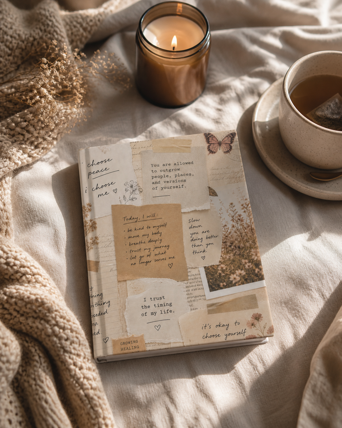 Beige Aesthetic Affirmation Journal – Self Care Notebook, Mental Health Journal, Healing & Growth Diary, Hardcover 5x7 Blank Notebook