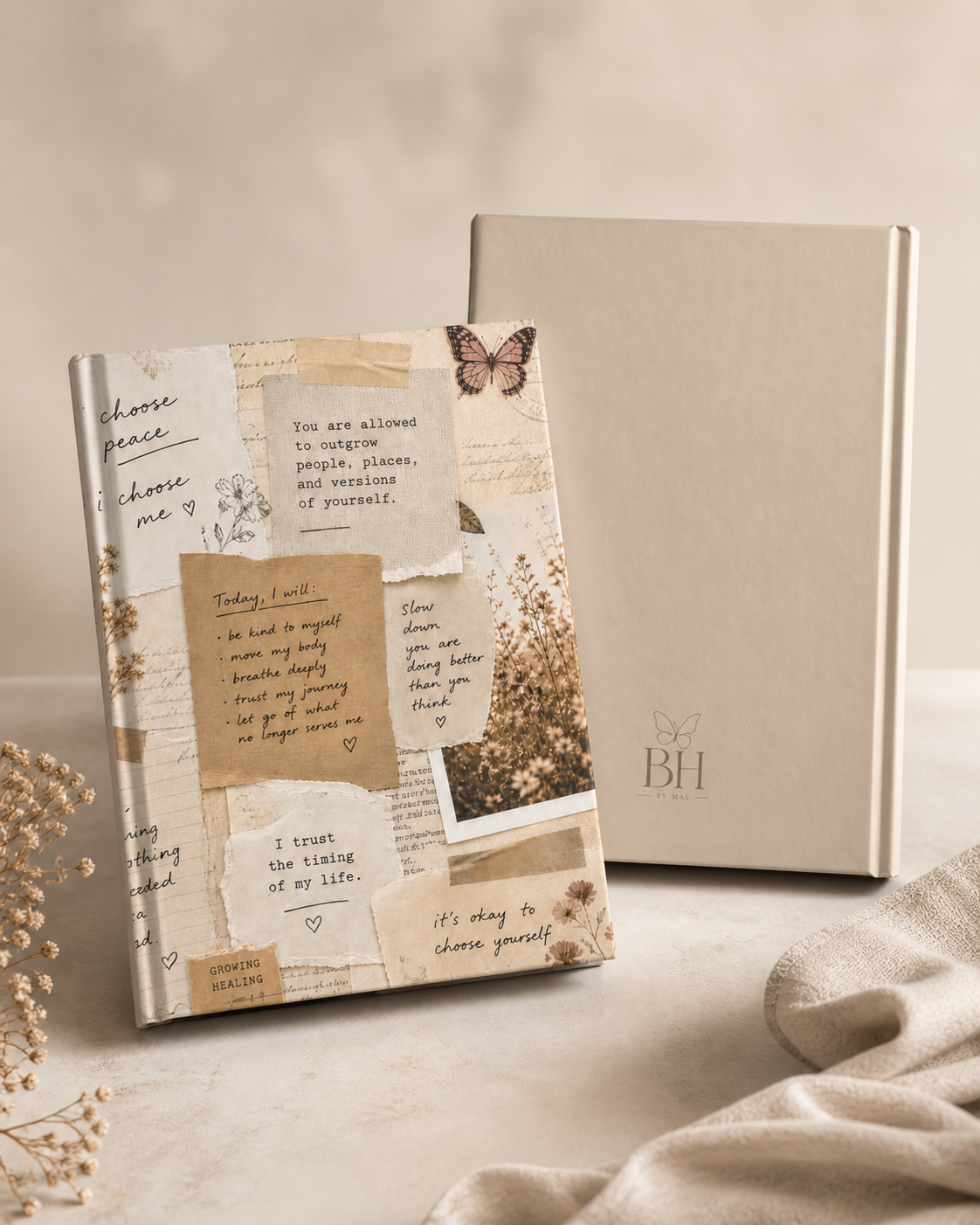 Beige Aesthetic Affirmation Journal – Self Care Notebook, Mental Health Journal, Healing & Growth Diary, Hardcover 5x7 Blank Notebook
